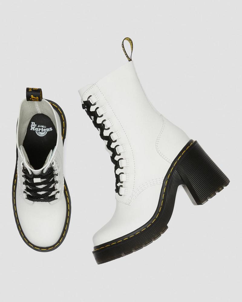 White Women's Dr Martens Chesney Leather Flared Heel Heeled Boots | CA 137YXF